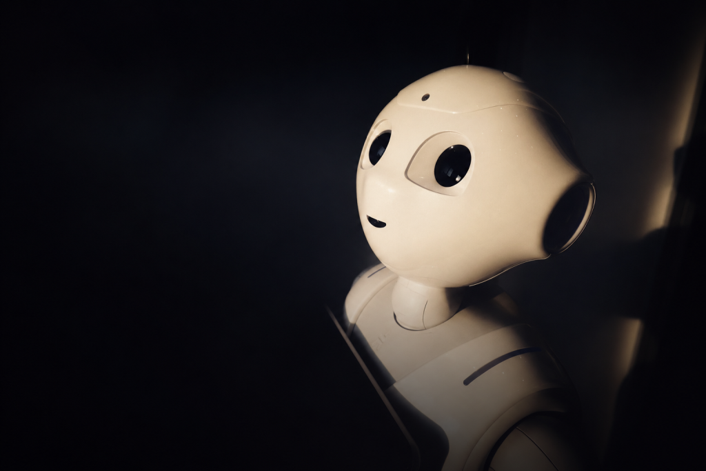 Robô branco fotografado em fundo escuro, imagem de capa de um artigo sobre inteligência artificial e cuidados de saúde
