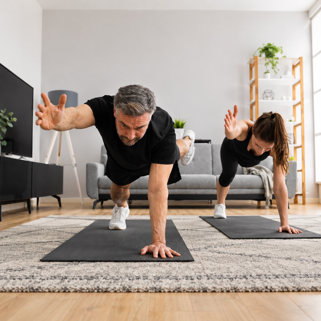 Duas pessoas a praticar exercício físico em casa
